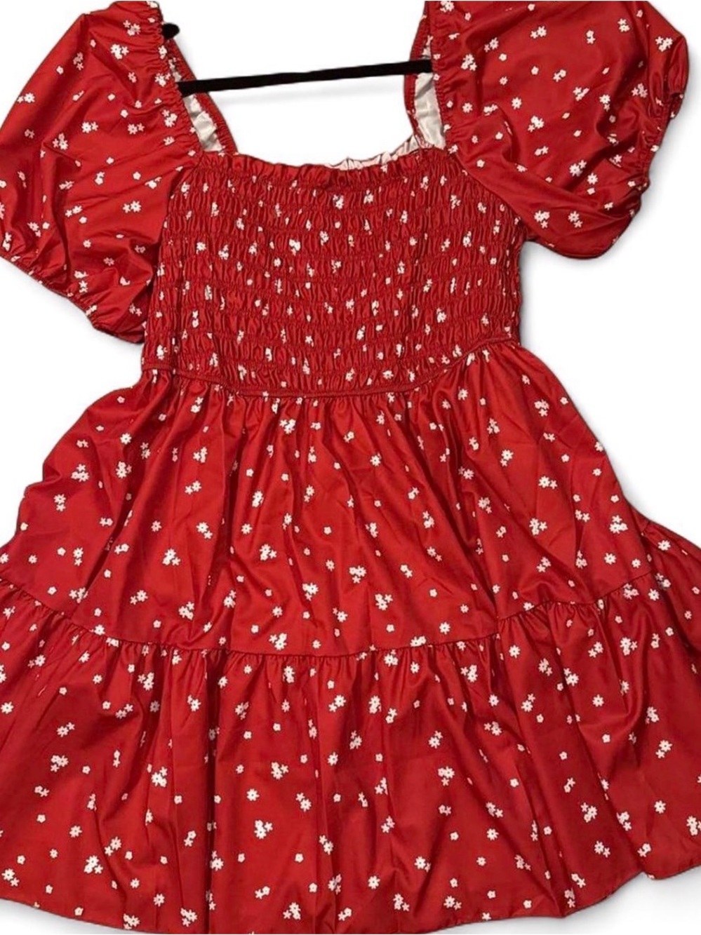 Red Floral Smocked Puff-Sleeve Casual Women's Dress